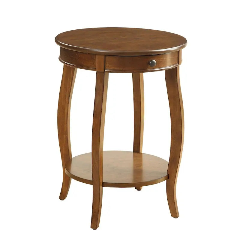 18-Inch Walnut Round End Table with Drawer and Bottom Shelf