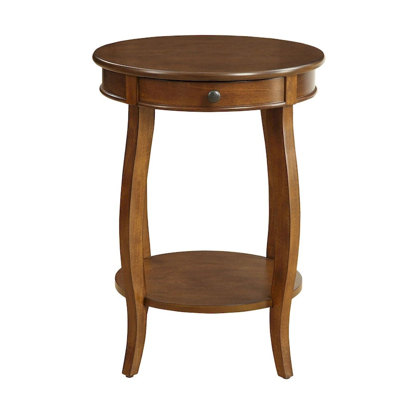18-Inch Walnut Round End Table with Drawer and Bottom Shelf