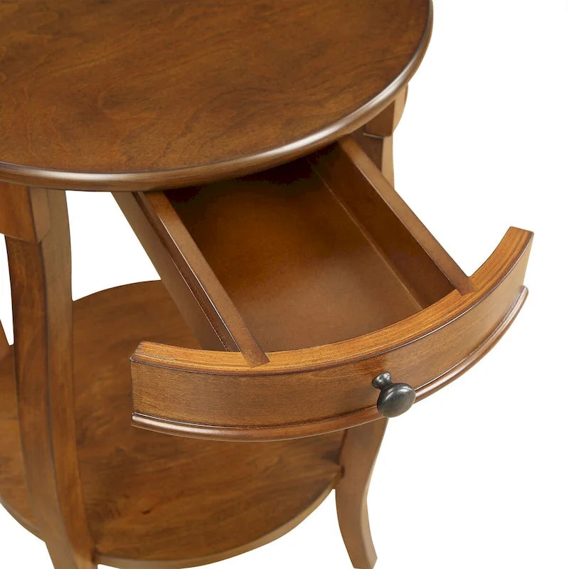 18-Inch Walnut Round End Table with Drawer and Bottom Shelf