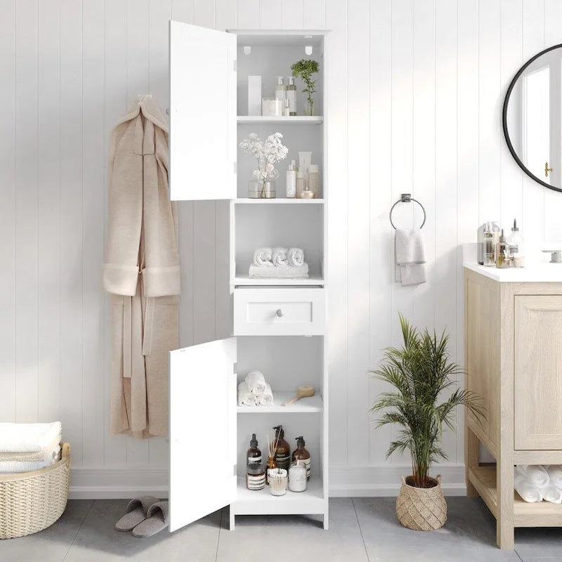 Farmhouse Freestanding Bathroom Linen Tower with Shelves and Drawer
