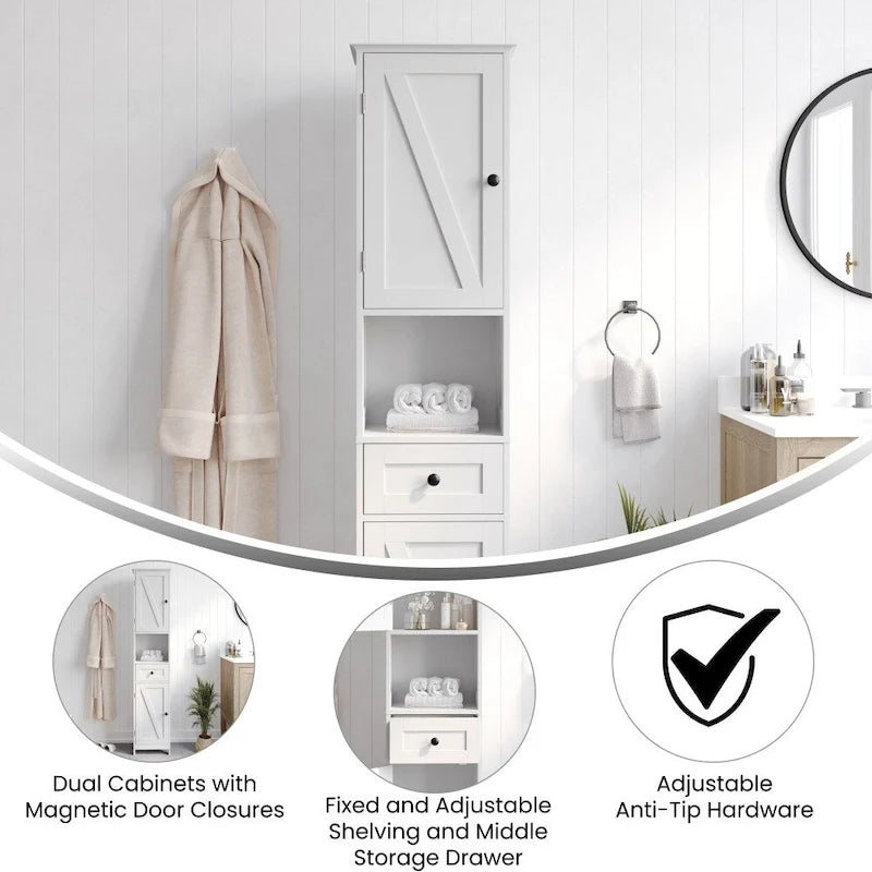 Farmhouse Freestanding Bathroom Linen Tower with Shelves and Drawer