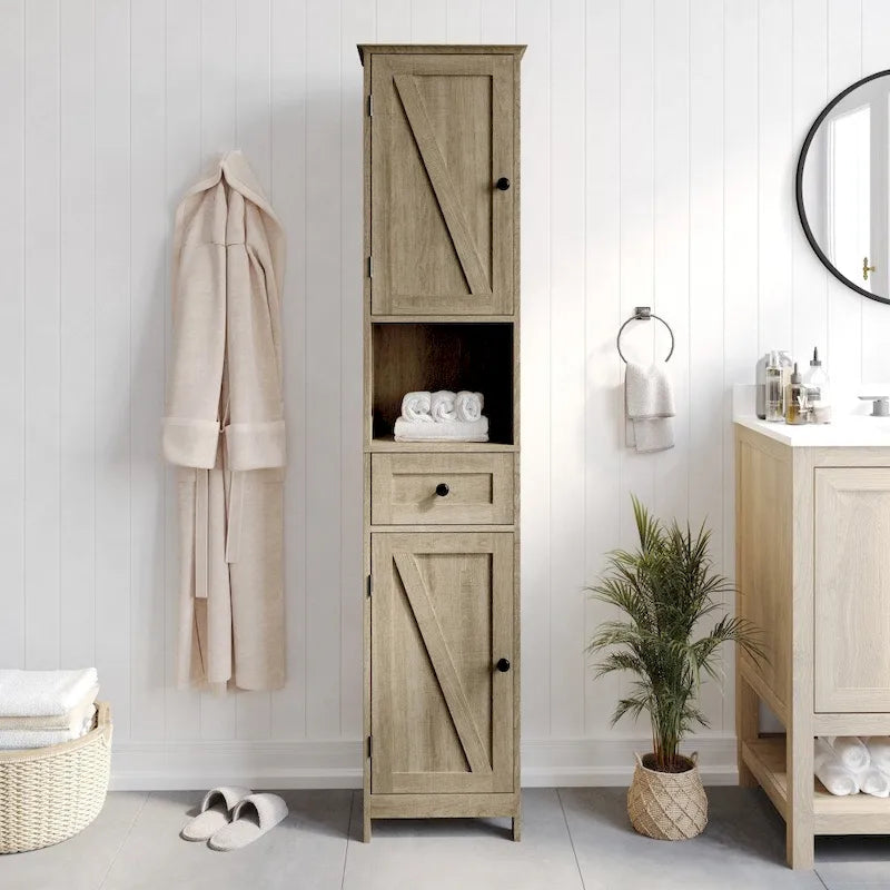 Farmhouse Freestanding Bathroom Linen Tower with Shelves and Drawer