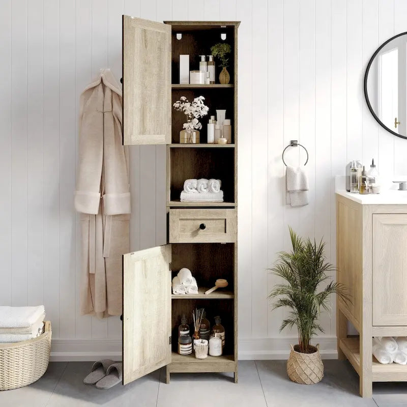 Farmhouse Freestanding Bathroom Linen Tower with Shelves and Drawer