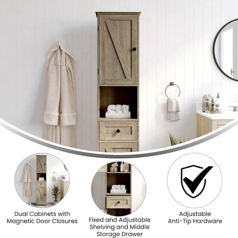 Farmhouse Freestanding Bathroom Linen Tower with Shelves and Drawer