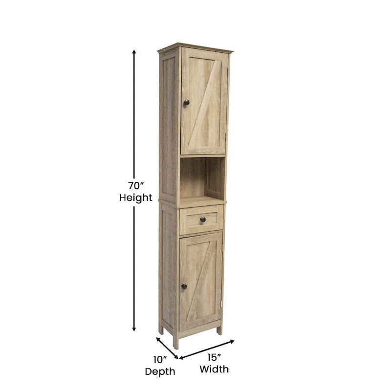 Farmhouse Freestanding Bathroom Linen Tower with Shelves and Drawer