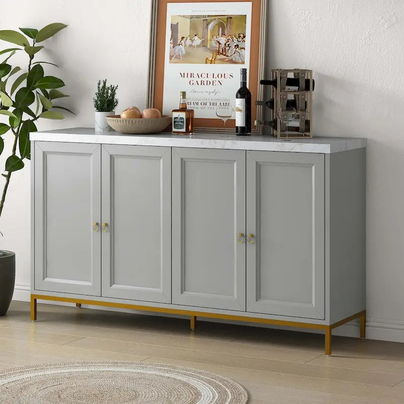 Four-Door Modern Sideboard with Faux Marble Top and Adjustable Shelves