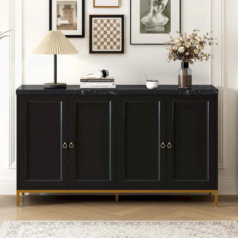 Four-Door Modern Sideboard with Faux Marble Top and Adjustable Shelves