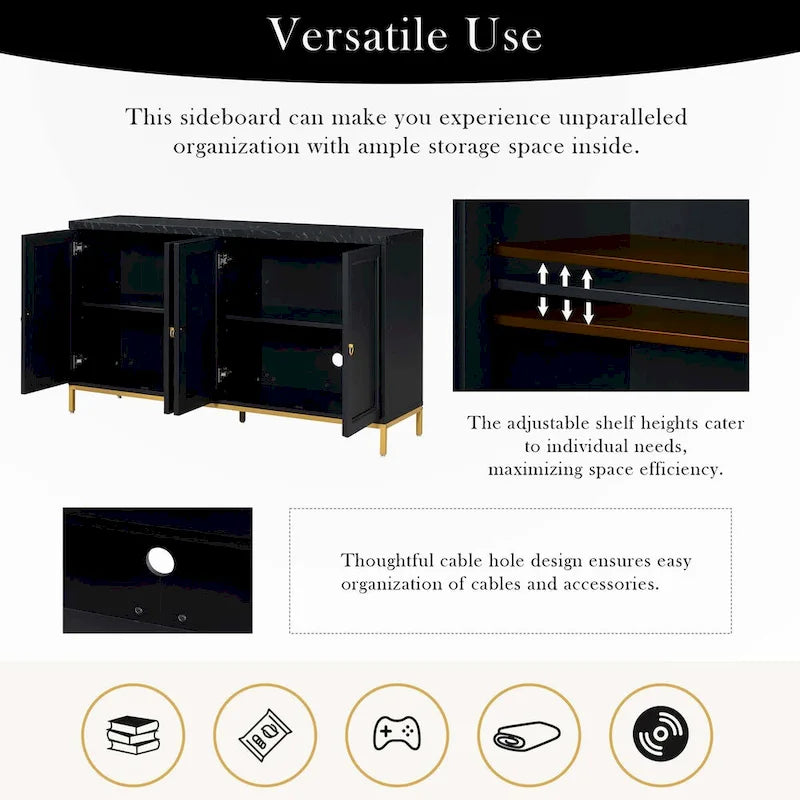 Four-Door Modern Sideboard with Faux Marble Top and Adjustable Shelves