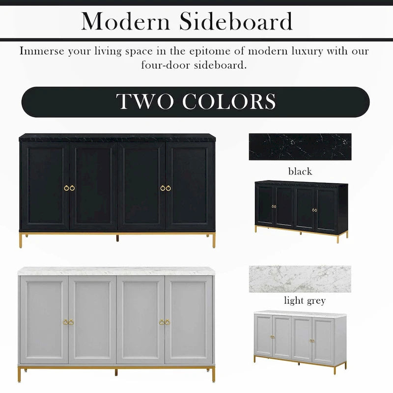 Four-Door Modern Sideboard with Faux Marble Top and Adjustable Shelves