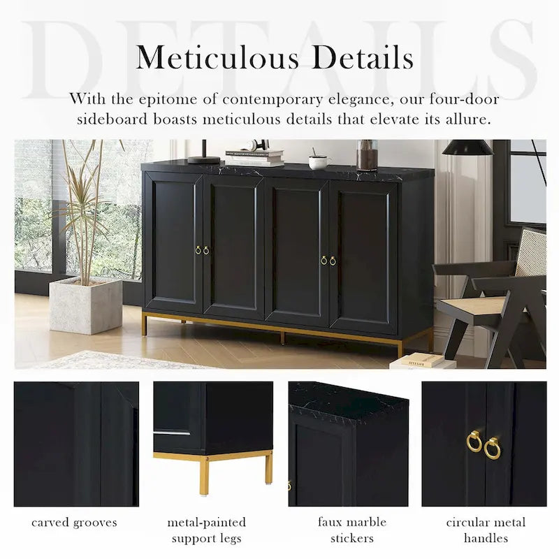 Four-Door Modern Sideboard with Faux Marble Top and Adjustable Shelves