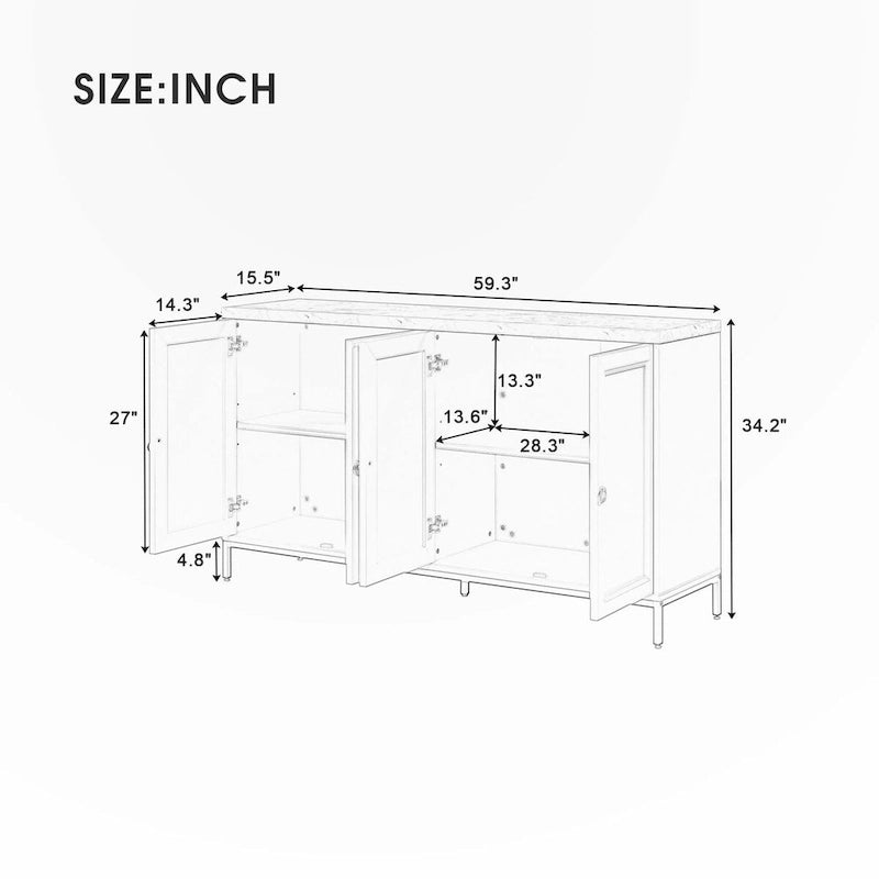 Four-Door Modern Sideboard with Faux Marble Top and Adjustable Shelves