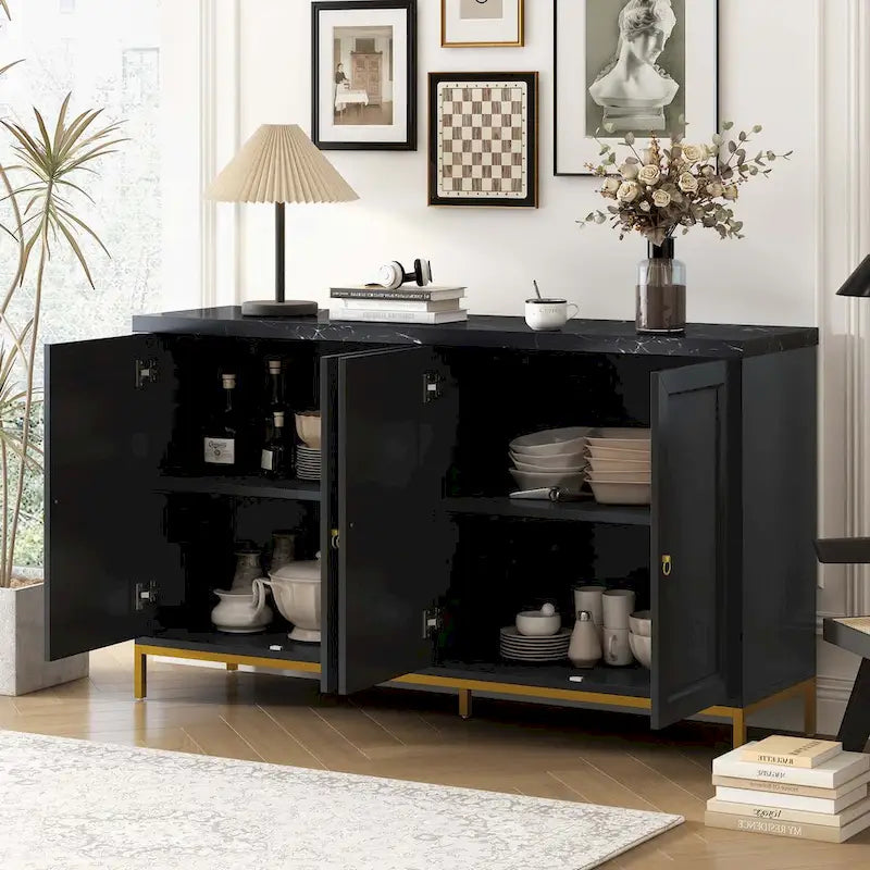 Four-Door Modern Sideboard with Faux Marble Top and Adjustable Shelves