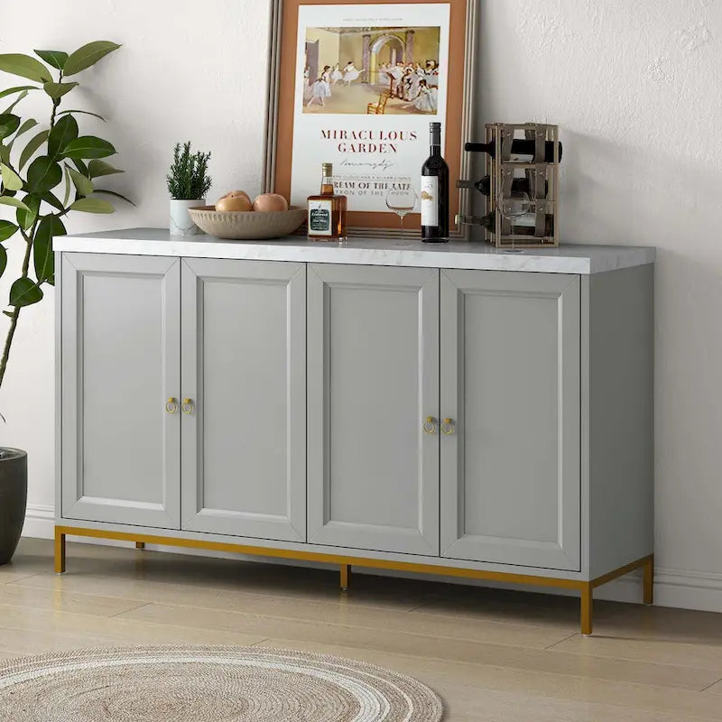 Four-Door Modern Sideboard with Faux Marble Top and Adjustable Shelves