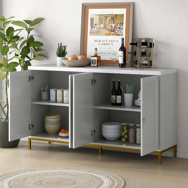 Four-Door Modern Sideboard with Faux Marble Top and Adjustable Shelves