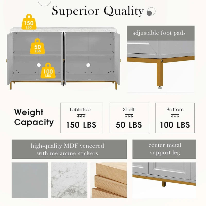 Four-Door Modern Sideboard with Faux Marble Top and Adjustable Shelves