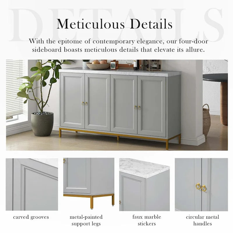 Four-Door Modern Sideboard with Faux Marble Top and Adjustable Shelves