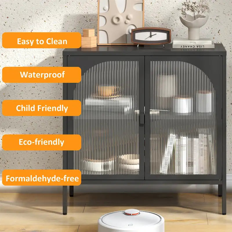 Modern Metal Sideboard Cabinet with Tempered Glass Doors and Shelf