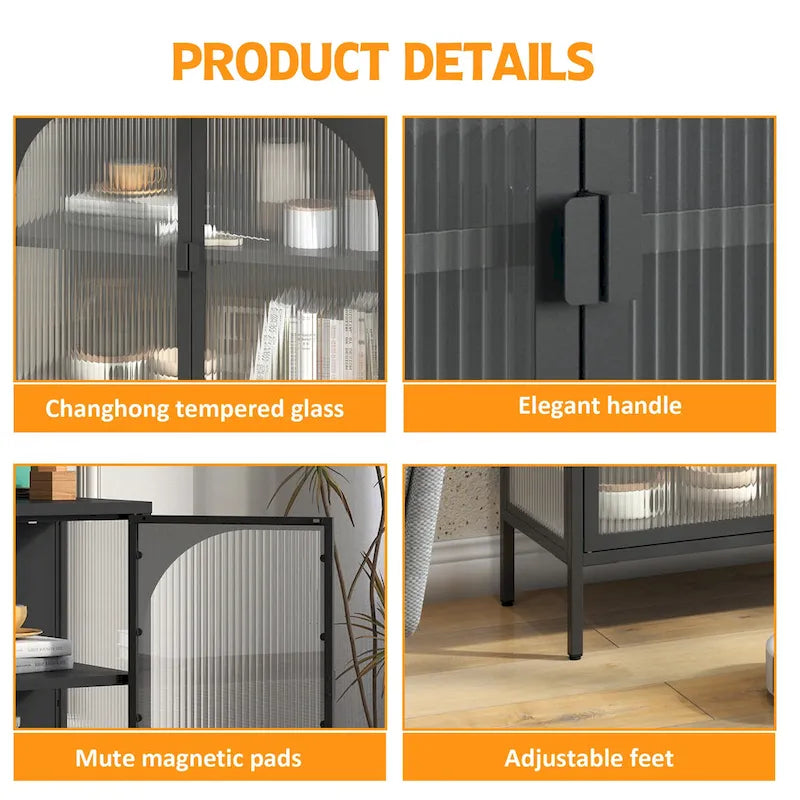Modern Metal Sideboard Cabinet with Tempered Glass Doors and Shelf