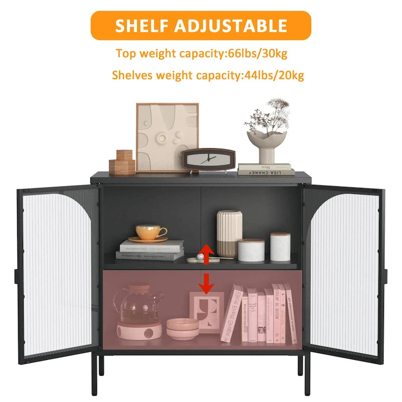 Modern Metal Sideboard Cabinet with Tempered Glass Doors and Shelf