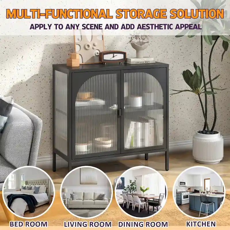 Modern Metal Sideboard Cabinet with Tempered Glass Doors and Shelf