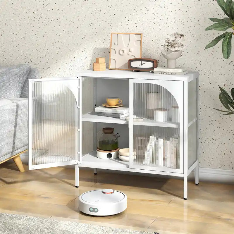 Modern Metal Sideboard Cabinet with Tempered Glass Doors and Shelf