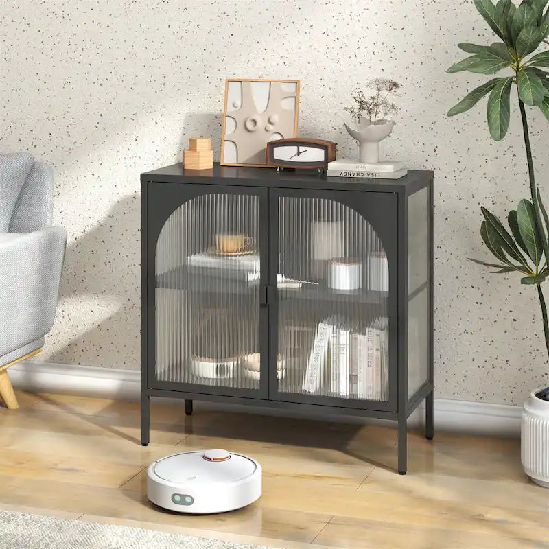 Modern Metal Sideboard Cabinet with Tempered Glass Doors and Shelf